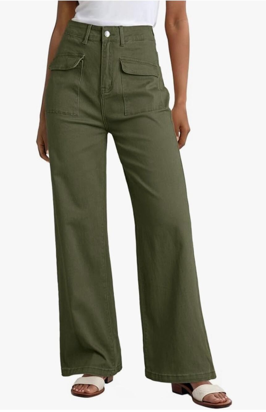 Dokotoo Women's Cargo Baggy Wide Leg High Waist Casual Stretch Pants Green 12